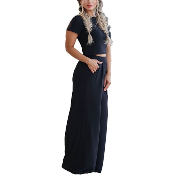 Dam Casual Enfärgad 2-delad Outfit Kortärmad Rundhalsad T-shirt Lös Elastisk Midja Vida Ben Byxor Svart S