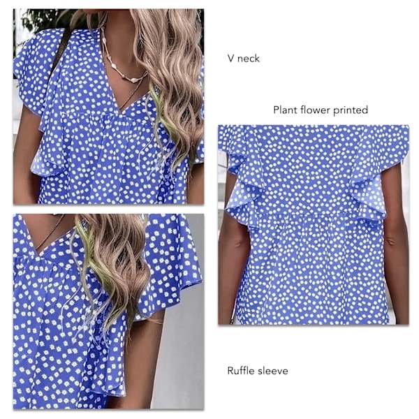 Volang Kortärmad Blus Blommig Tryckt Casual Figurnära V-ringning Volangärm Blus för Kvinnor Sommar Blå XL