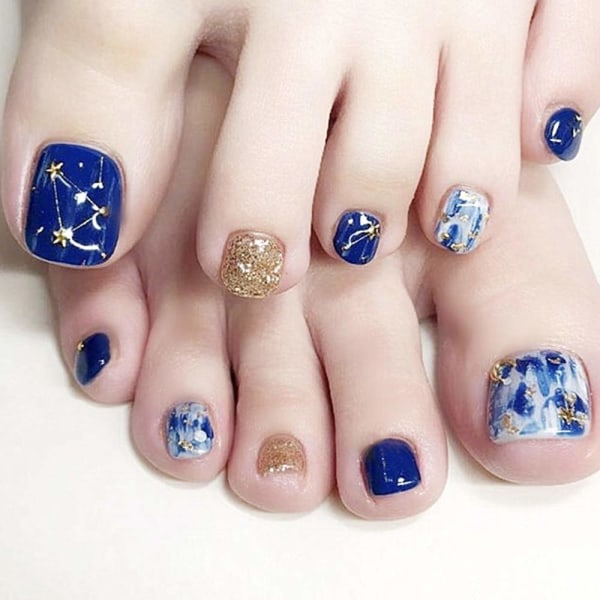24st Starry Blue Gold Glitter Toes Fot Fake Nails Glansiga