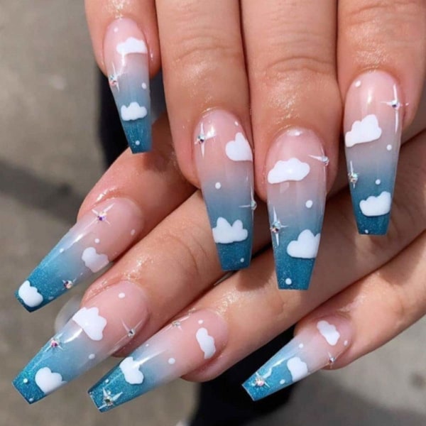 Tryck på naglar Långgradient kista Fake Nails Blue Cloud False