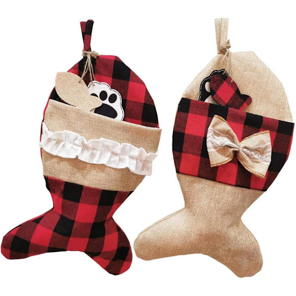 Pet Christmas Stockings Set of 4 Burlap Plaid Stocking for Cat