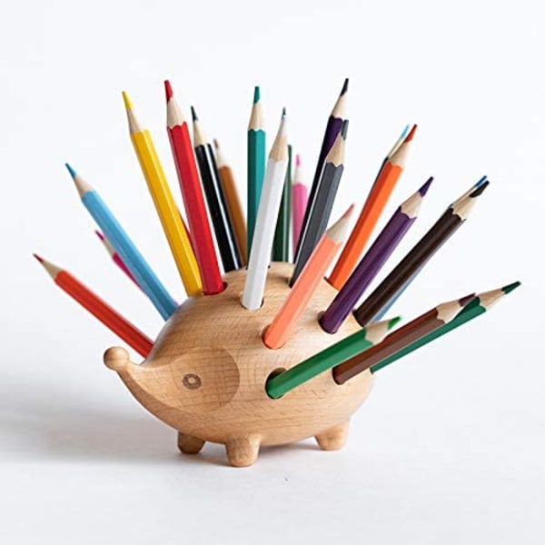Hedgehog Wooden Pen Cup Blyertshållare för Desk Decor Organizer