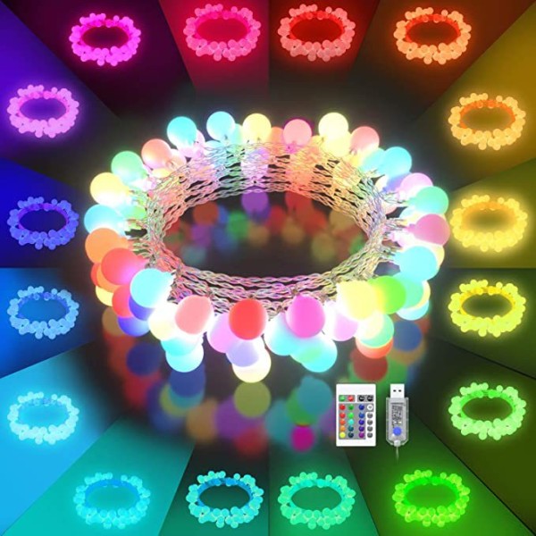 LED String Lights - 16 Color Changing 50 LED Globe Balls Indoor