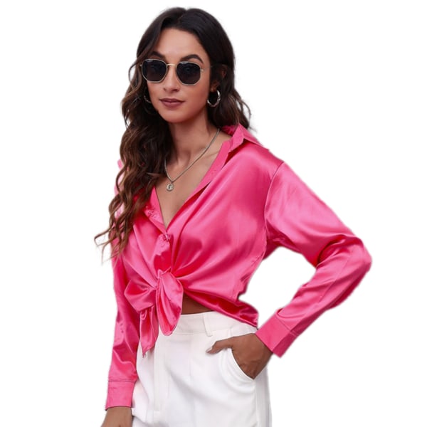 Kvinnor Satin Långärmad Button Down Skjorta Formell Blus-Rose Röd