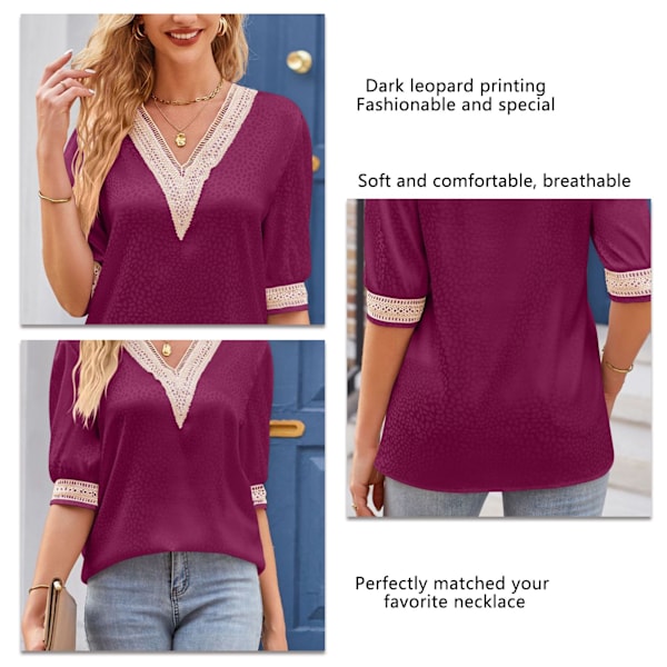 Dam V-ringad T-shirt Halv Ärm Spets Sömnad Mörkt Leopardtryck Lös Passform Sommar Satin Blus Jujube Röd S