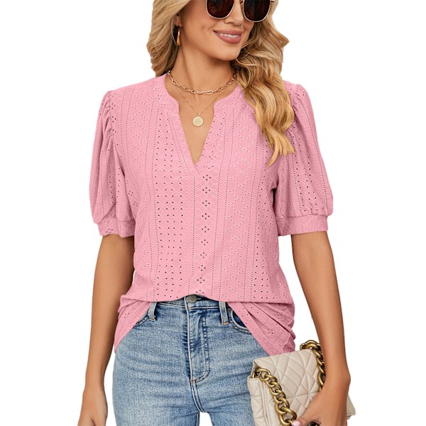 Dam V-ringad Topp Lykta Kort Ärm Utskuren Enfärgad Andningsbar Pullover Topp Rosa XL