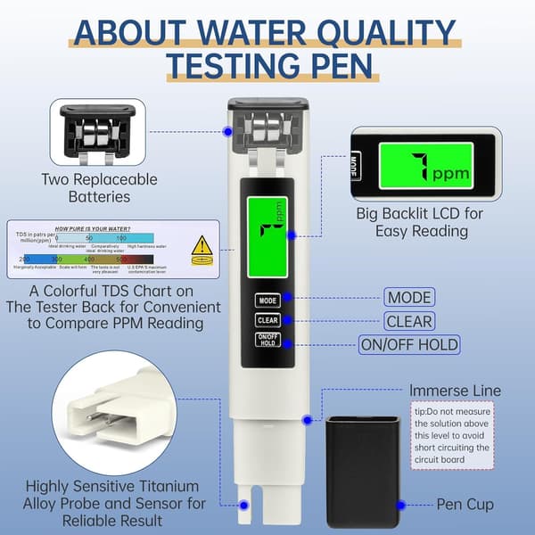 4-i-1 Digital TDS-mätare – Vattenkvalitetstestare | EC, temperatur (℃/℉) & 0-9999 ppm för dricksvatten, akvarier & RO-RODI-system (Vit)