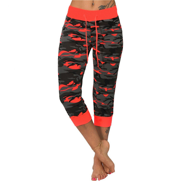 Dam Casual Cropped Byxor Kamouflage Tryck Dragsko Medium Hög Midja Bekväma Byxor för Sport Semester Röd XL