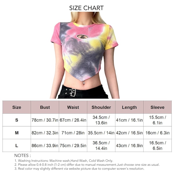 Dam Kortärmad T-shirt Tie Dye Tryckt Urskuren V-fåll Topp Rund Hals Slim Fit Casual Blus för Sommar Blommig L