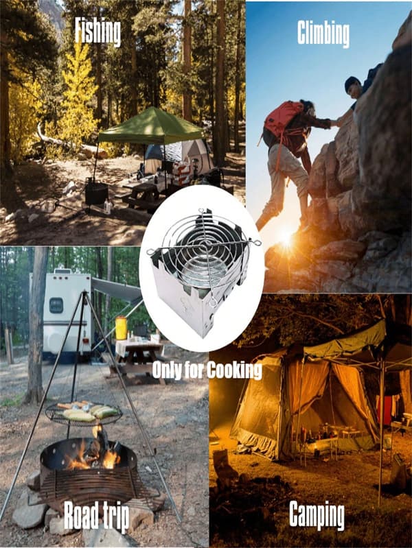 Hopfällbart campingkök med kompakt design, vindskydd och bränsletråg för både ved och kol, perfekt för kastruller och pannor
