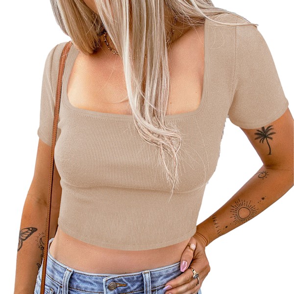 Stickad Rib Tank Kortärmad Slim Fit Stretchig Stickad Väst T-shirt Topp för Kvinnor Dejting Arbete Aprikos M