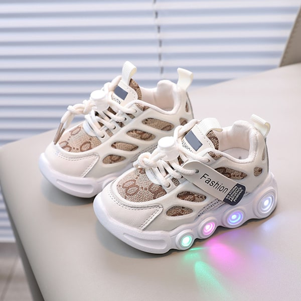 Barnskor Casual Andningsbar Vävd Tyg Yta med LED-ljus för 1‑6 År Gamla Pojkar Flickor Utomhussporter Beige Storlek 24