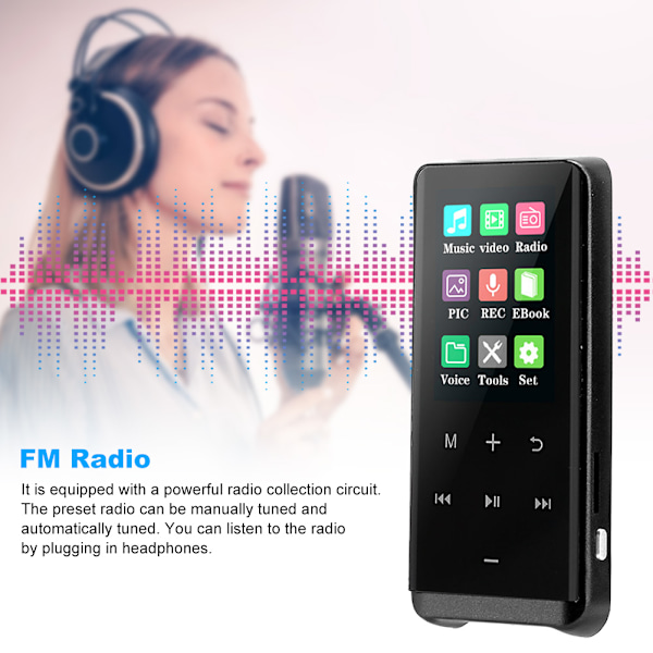 Bärbar Bluetooth MP3-spelare med 1,8-tums pekskärm Mini Sport MP4 Musikspelare Svart