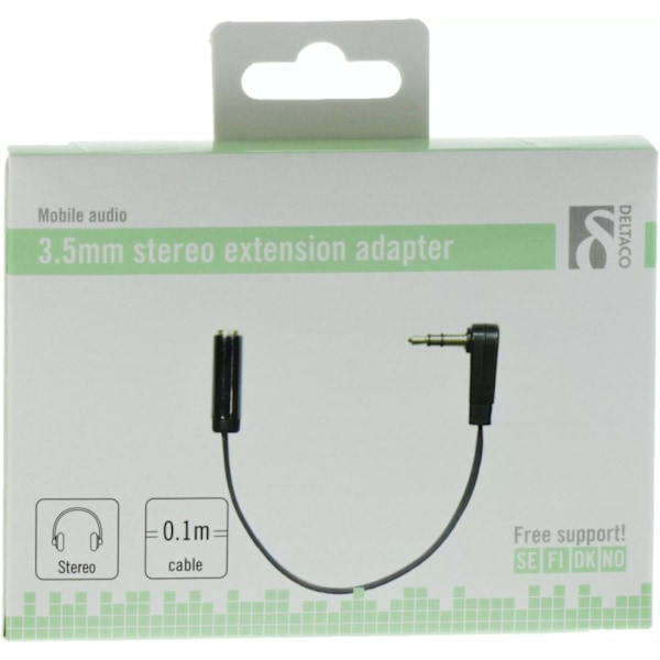 DELTACO vinklad 3,5mm hane till 3,5mm hona, 0,1 m, svart (AUD-203)
