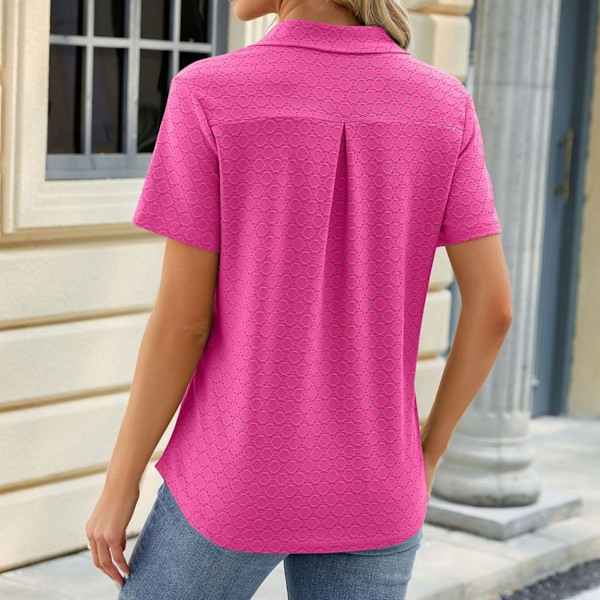 Dam Krage V-ringad T-shirt Kortärmad Ledig Passform Sommar Krage Tröja Topp Rosa L