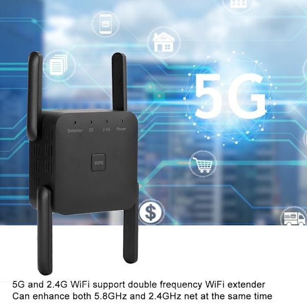 Trådlös WiFi Repeater Signal Amplifier Remote Expander Tillbehör 2.4G/5G 300Mbps 100–240V US-kontakt