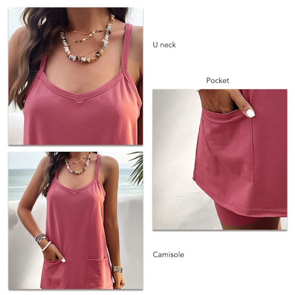 Spaghetti Strap Kort Set Ficka Casual Figurnära Enfärgad U-ringad Rem Kort Kit för Kvinnor Röd S
