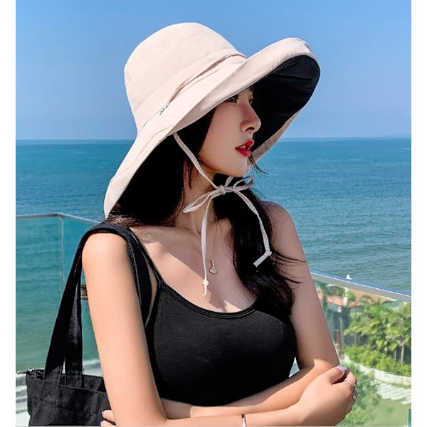 Solhatt för kvinnor, hopfällbar och vändbar bucket hat med UV-skydd, bredbrättad sommarhatt för stranden$Solhatt för kvinnor, bredbrättad sommarhatt för stranden Beige