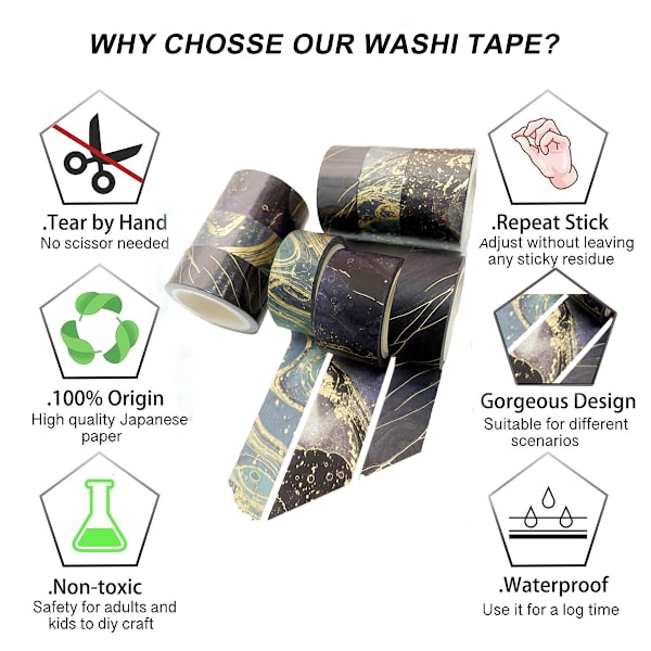 Svart Guld Washi Tejp - Folie Washi Maskeringstejp Set - Metallic
