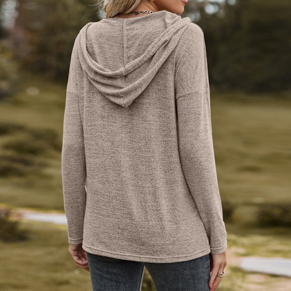 Långärmad hoodie för damer V-ringad dragsko enfärgad lös avslappnad huvtröja Khaki XXL