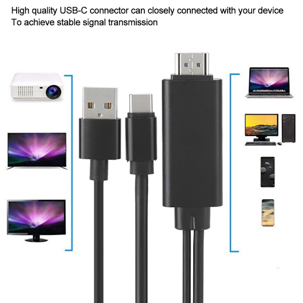 Type-C till HDMI Skärmspeglingskabel USB-C till HDMI Anslut TV med USB-strömförsörjning 4K