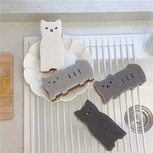4-pack söt kattsvamp för köket - Tjocka, hållbara disk- och rengöringsverktyg, 4-delars set