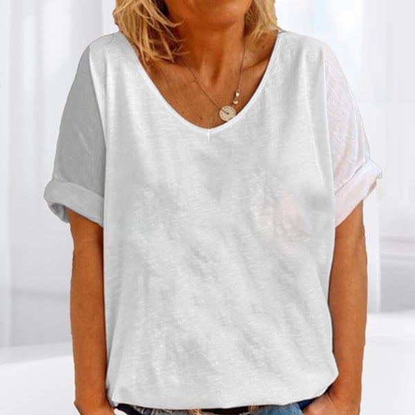 Dam Långärmad T-shirt Rund Hals Lös Passform Vit Färg Sommar Casual Blus AL XL