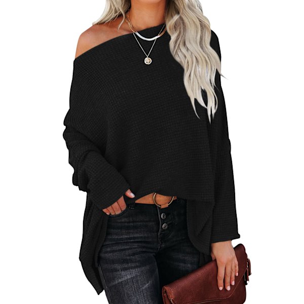 Stickad Tröja Batwing Långärmad En Axel Enfärgad Trendig Casual Topp för Kvinnor Svart XL