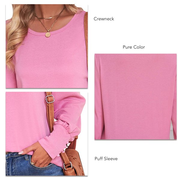 Lös Dam Blus med Puffärm Rund Hals Mode Långärmad Topp Enfärgad Dekorativ Manschett Topp Rosa L