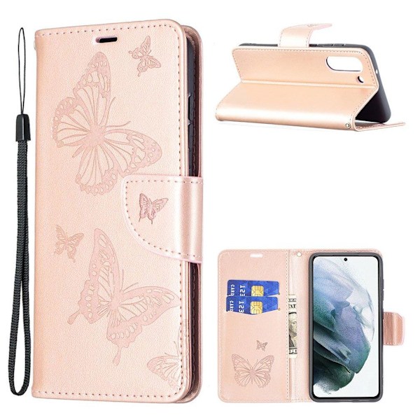Butterfly läder Samsung Galaxy S21 FE fodral - Rosa Rosa