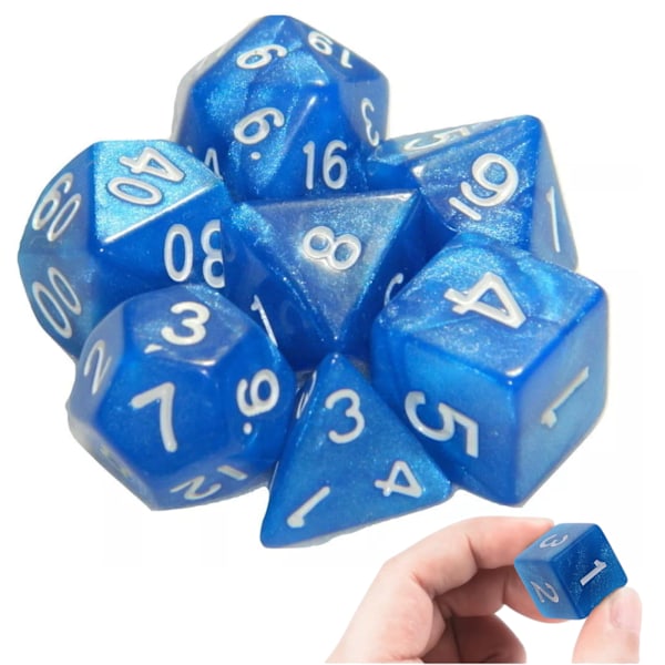 DND Tärningar Polyhedrala Tärningsset, 7 st/set Blå Nebulosa Tärningar för Dungeon and Dragons, Pathfinder Rollspel Tärningsspel RPG (Vit Gravyr)