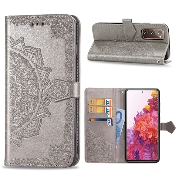 Samsung Galaxy S20 FE - Mandala Läder Fodral - Grå Grey Grå