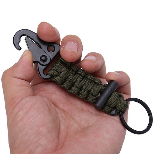 Vävd Paracord Nyckelband Nyckelring Överlevnadsverktyg Karabinkrok Flintsten (Militärgrön)