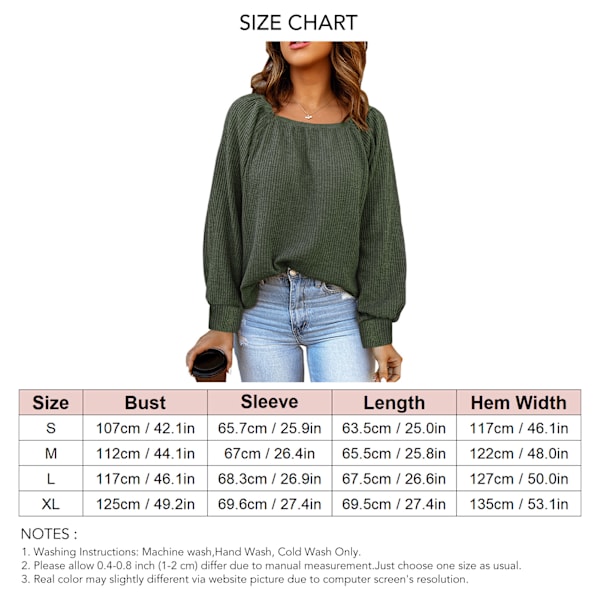 Fyrkantig Hals Lång Puffärm Blus Dam Trendig Lös Casual Enfärgad Nedhasad Axel Pullover Toppar Grön S