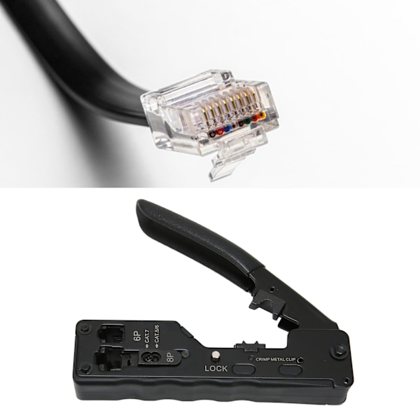 Genomgångs-krimptång, Ergonomisk krimptång med fullständiga funktioner, Skärmad nätverkskontaktkrimptång, Kompakt design för RJ45, RJ11, RJ12-kontakter, Snabb