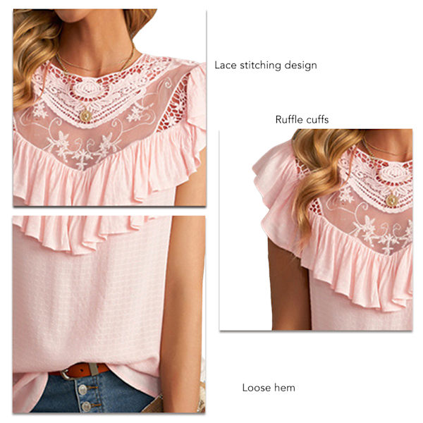 Dam Rynkad Kortärmad Topp Trendig Casual Enfärgad Rund Hals Dam Sommar Rynkad Kortärmad Spetsblus Rosa M
