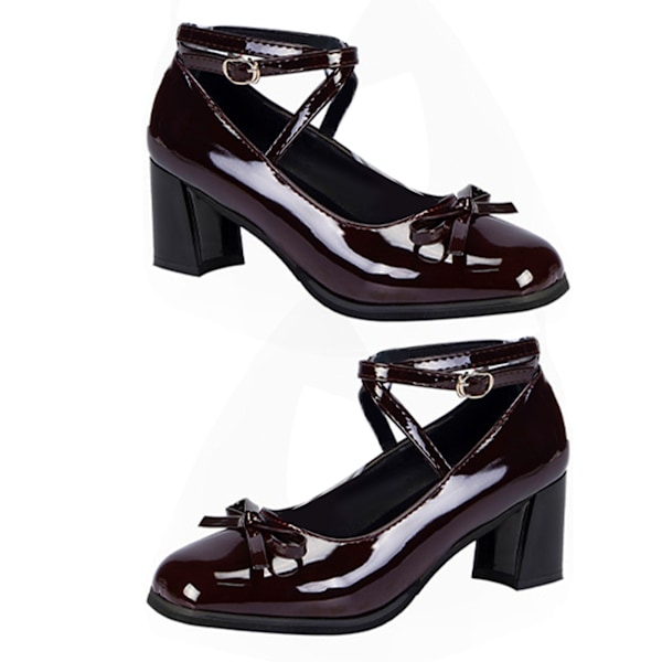 Dam Bow Högklackade Skor Enfärgad Elegant PU Läder Remmar Stängd Tå Ankelrem Pumps Skor Vinröd 39 /34.5cm