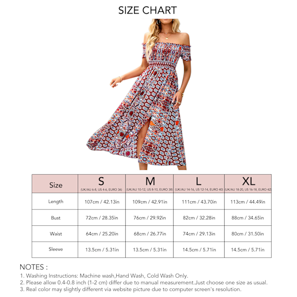 Dam En Del Off Shoulder Klänning Boho Blommig Tryckt Slits Lång Klänning för Sommarsemester Vinröd XL