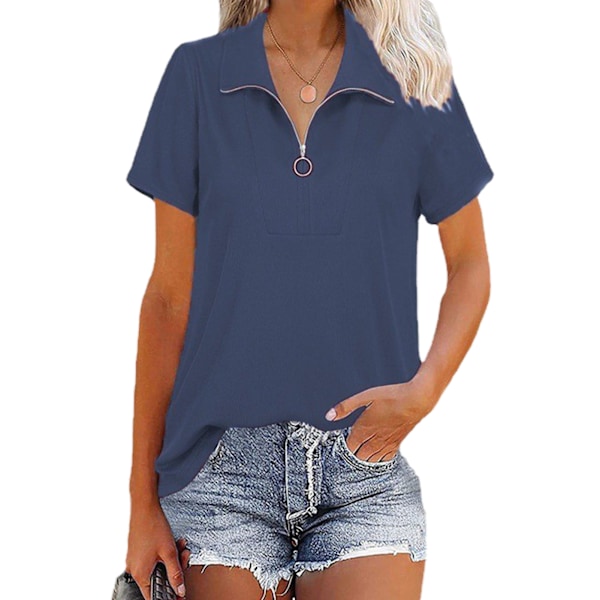 Dam T-shirt med nedvikt krage, halv dragkedja, kortärmad topp, lös enfärgad design för vår och sommar, blå S