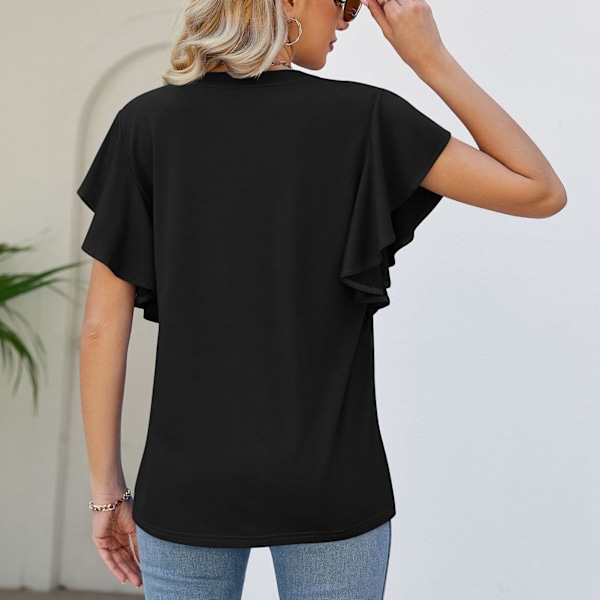 Dam V-ringad T-shirt Volang Kort Ärm Enfärgad Sommar Blus för Vardagsbruk Svart XXL