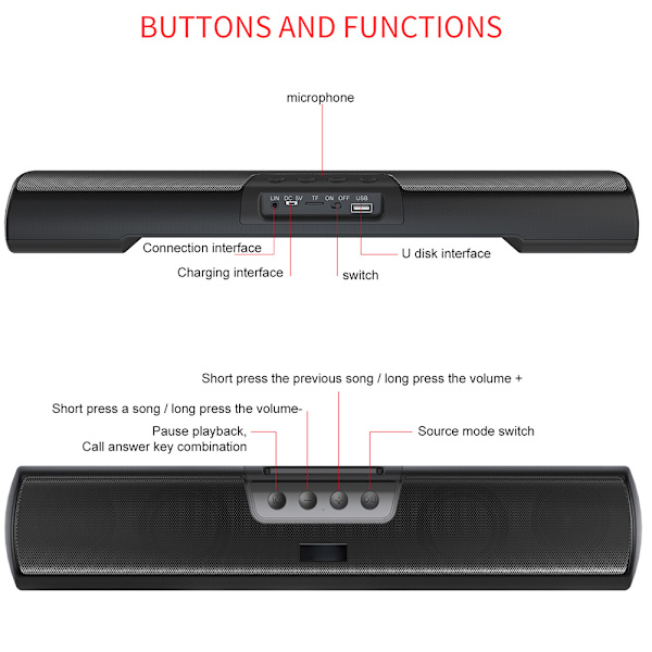HXSJ Q3 Trådlös Högtalare Bluetooth 5.0 Soundbar Inbyggd Mikrofon Hifi Stereoljud för Hemma Bio