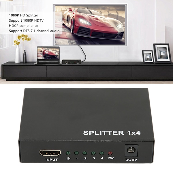 HD Multimedia Interface Splitter 1 in 4 Ut 1080P Spegelskärm Videodelningsadapter för Hemma Bio 100-240VEU-kontakt