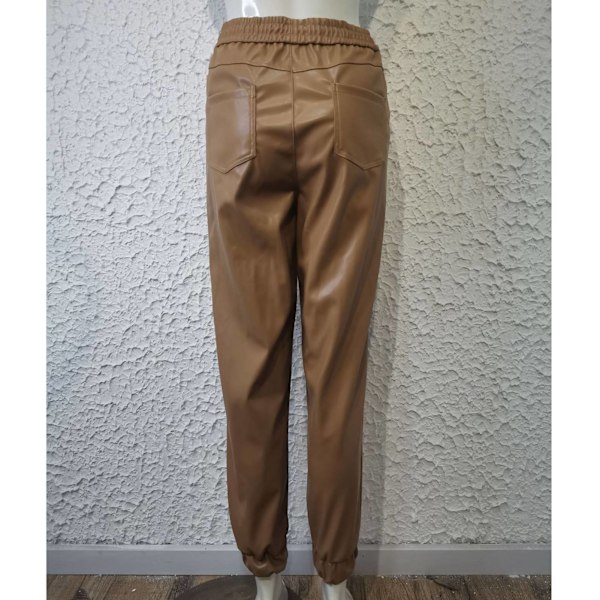 Dam Dragsko PU Läderbyxor Elastisk Midja Slim Fit Avsmalnande Mudd PU Läderbyxor Khaki M