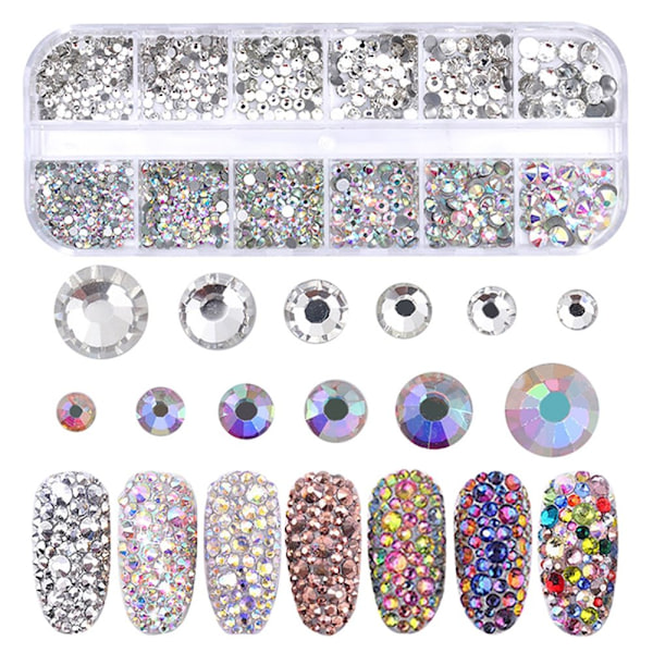 12st Rhinestone i olika storlekar i ask - Nageldekorationer Silver
