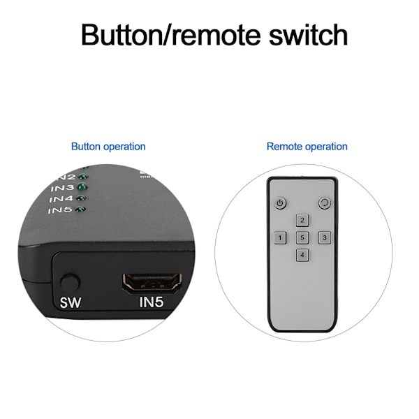 4K HDMI 2.0 Switch 5 Ingångar 1 Utgång HD IR Fjärrkontroll Splitter Adapter med LED-Indikator Svart