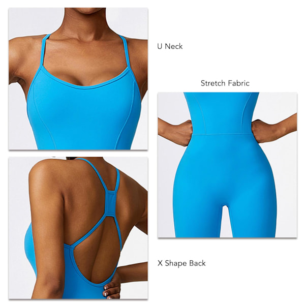 Dam U-ringad Jumpsuit Heldräkt Stretchiga Tank Topp Byxor Spaghettiband Ärmlös Tränings Jumpsuit Blå M