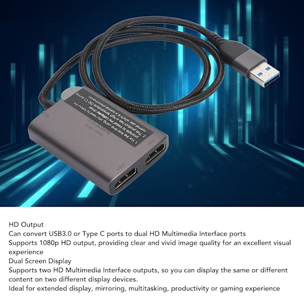 USB till HD Multimedia Interface Adapter HD 1080P Portabel USB3.0 Typ C till Dubbel HD Multimedia Interface Adapter för Dubbel Skärmvisning
