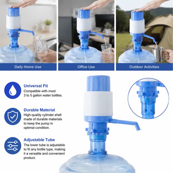 Manuell vattenpump, handpump för 5-gallons dunk, bärbar elfri fatpump för kök och camping, uppgraderad