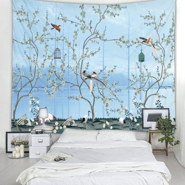 BohemianBlue Blommor Och Fåglar Väggbonad Sängkläder Gobeläng