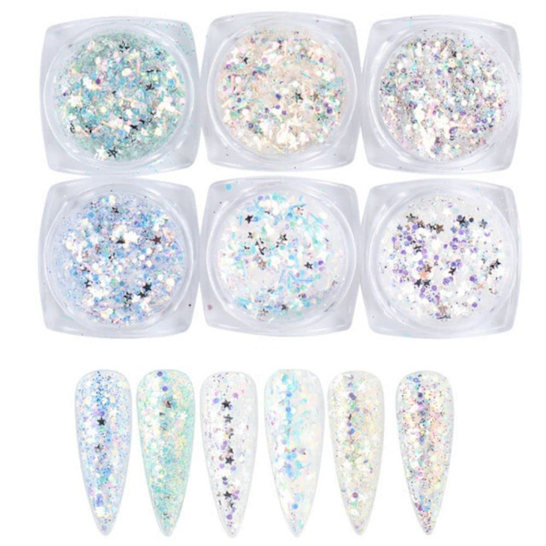 Holografiska nagelkonst glitter set 6 lådor 3D naglar